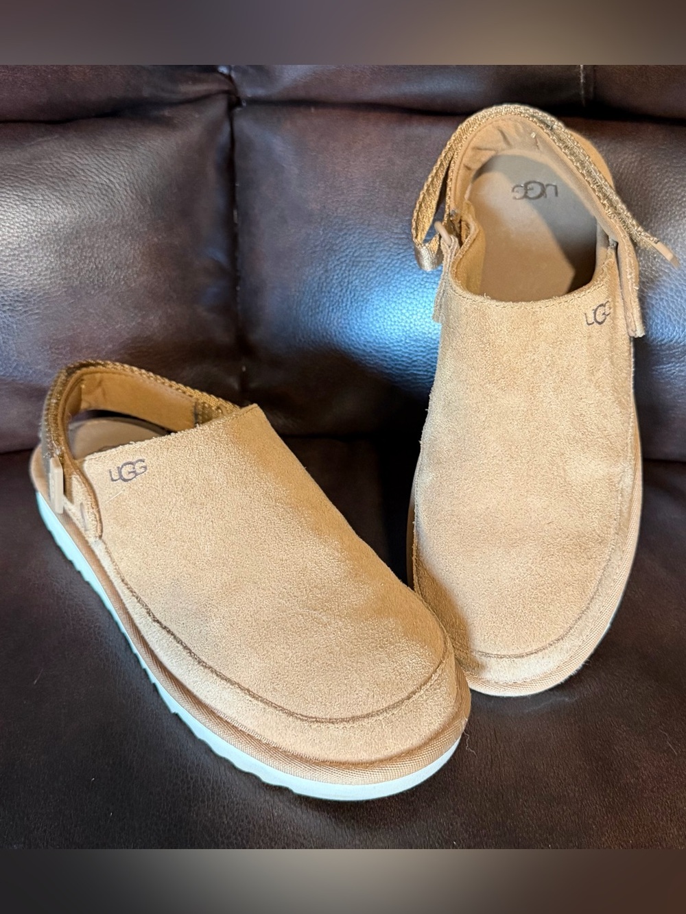 UGG Tan Suede Slip-On Goldenstar Clogs with White Sole